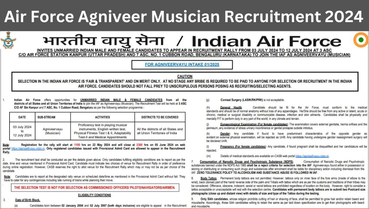 Air Force Agniveer Musician Recruitment 2024 Notification and Online Form